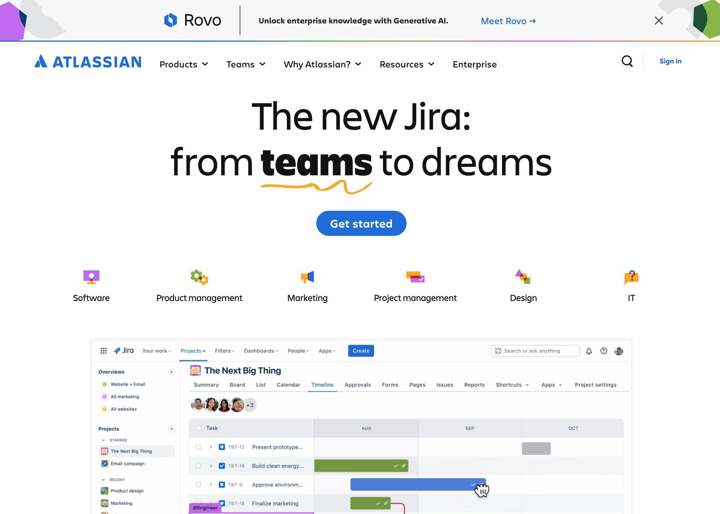 Screenshot of Atlassian hero section of the homepage