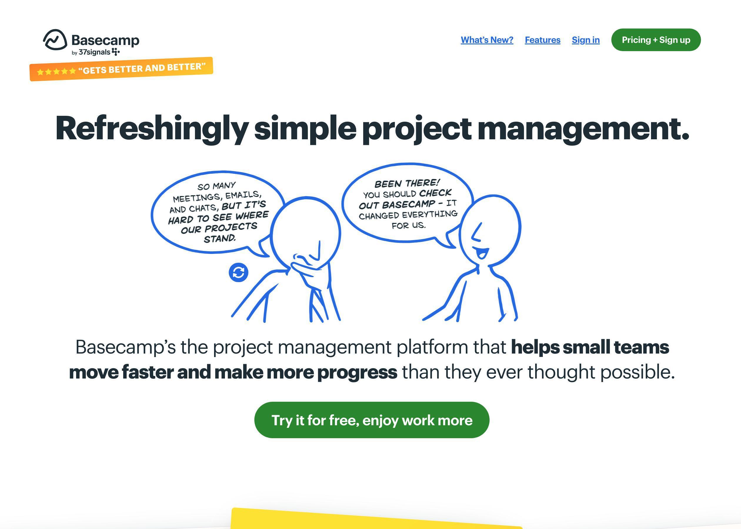 Screenshot of Basecamp hero section of the homepage
