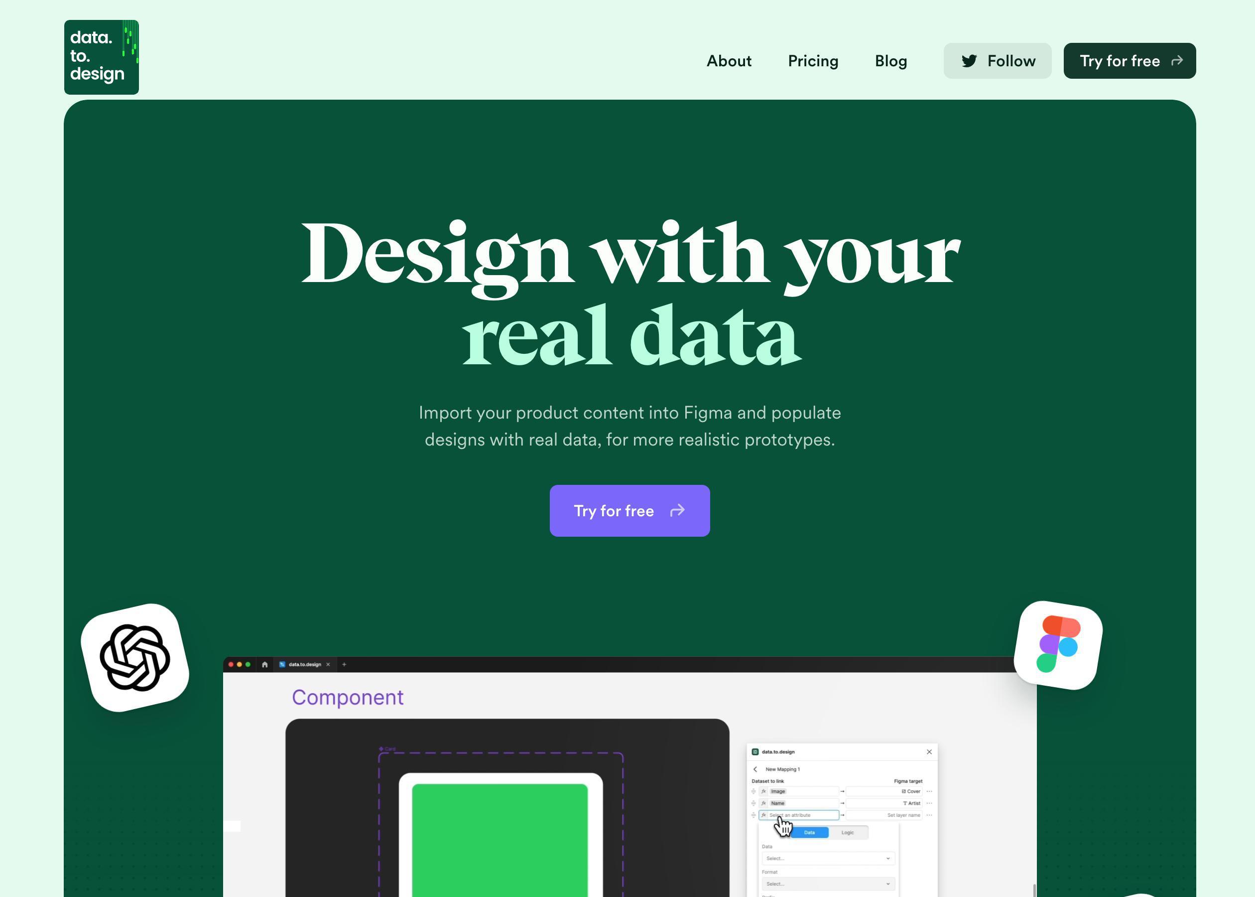 Screenshot of Data.to.design hero section of the homepage