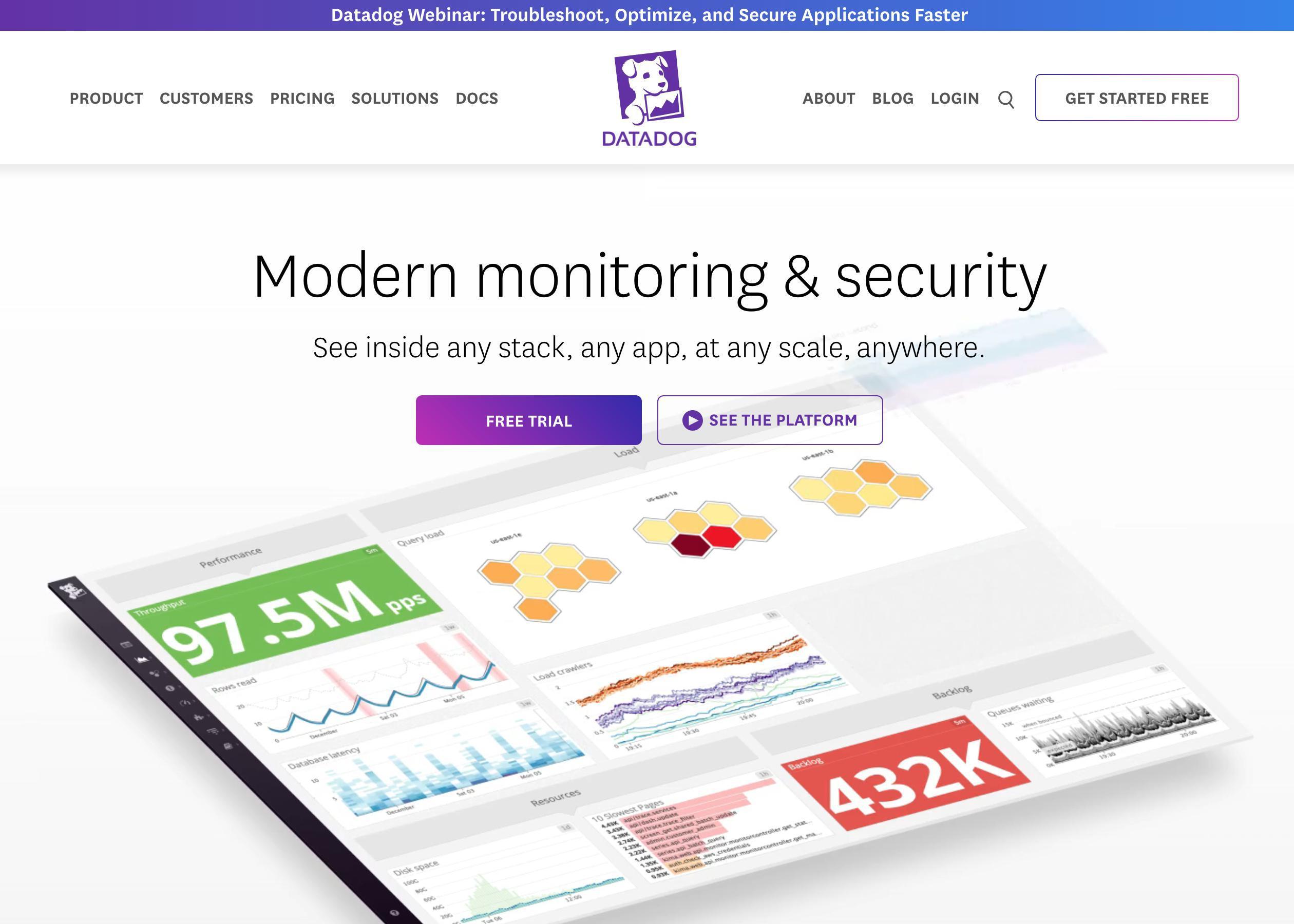 Screenshot of Datadog hero section of the homepage