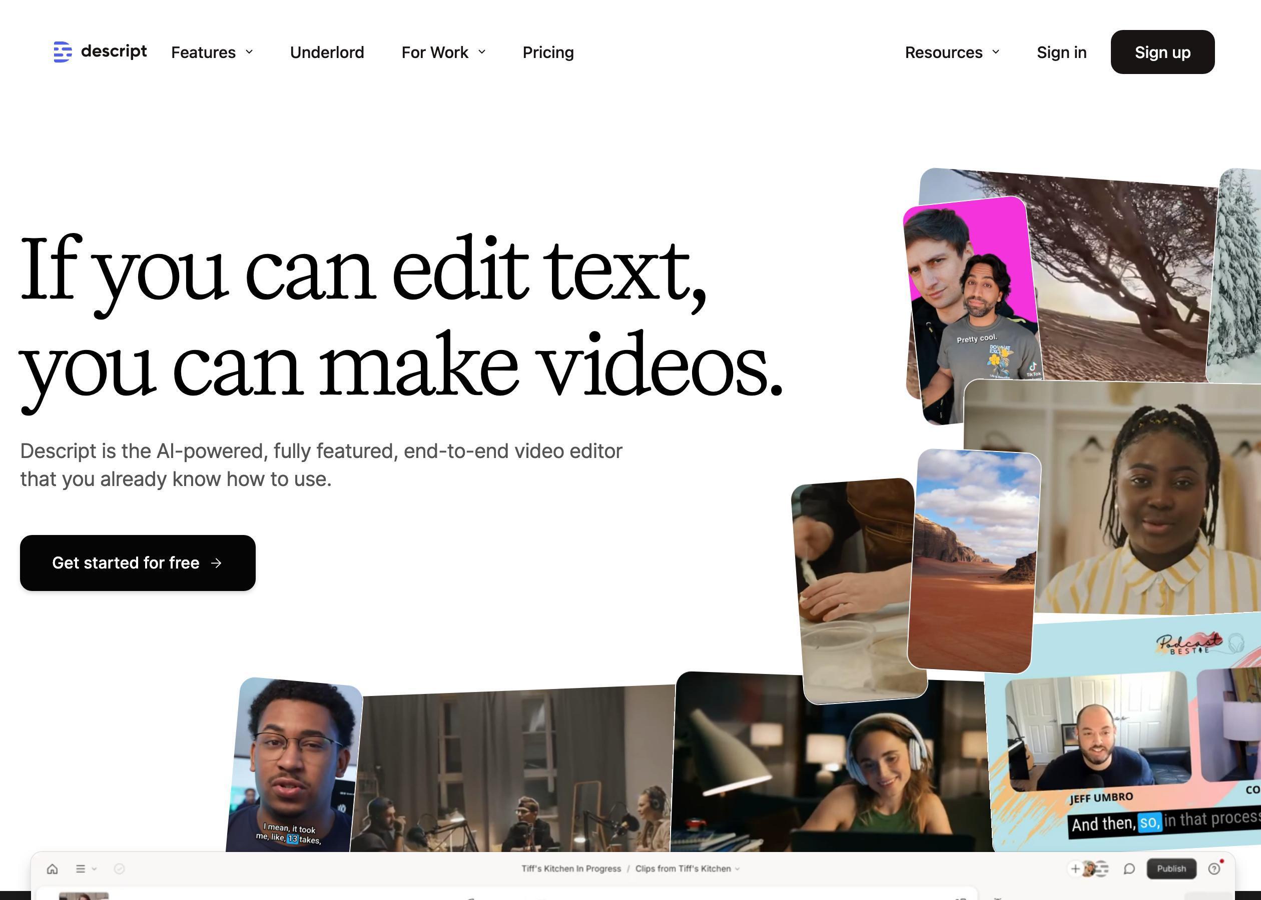 Screenshot of Descript hero section of the homepage