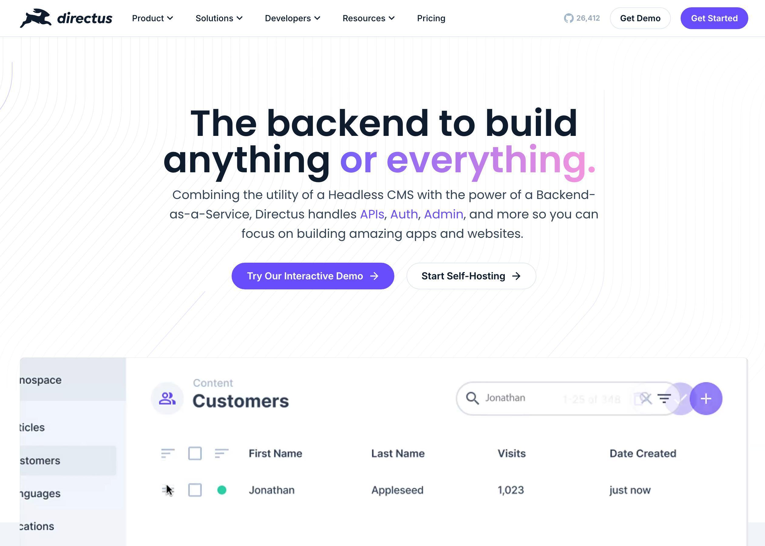 Screenshot of Directus hero section of the homepage