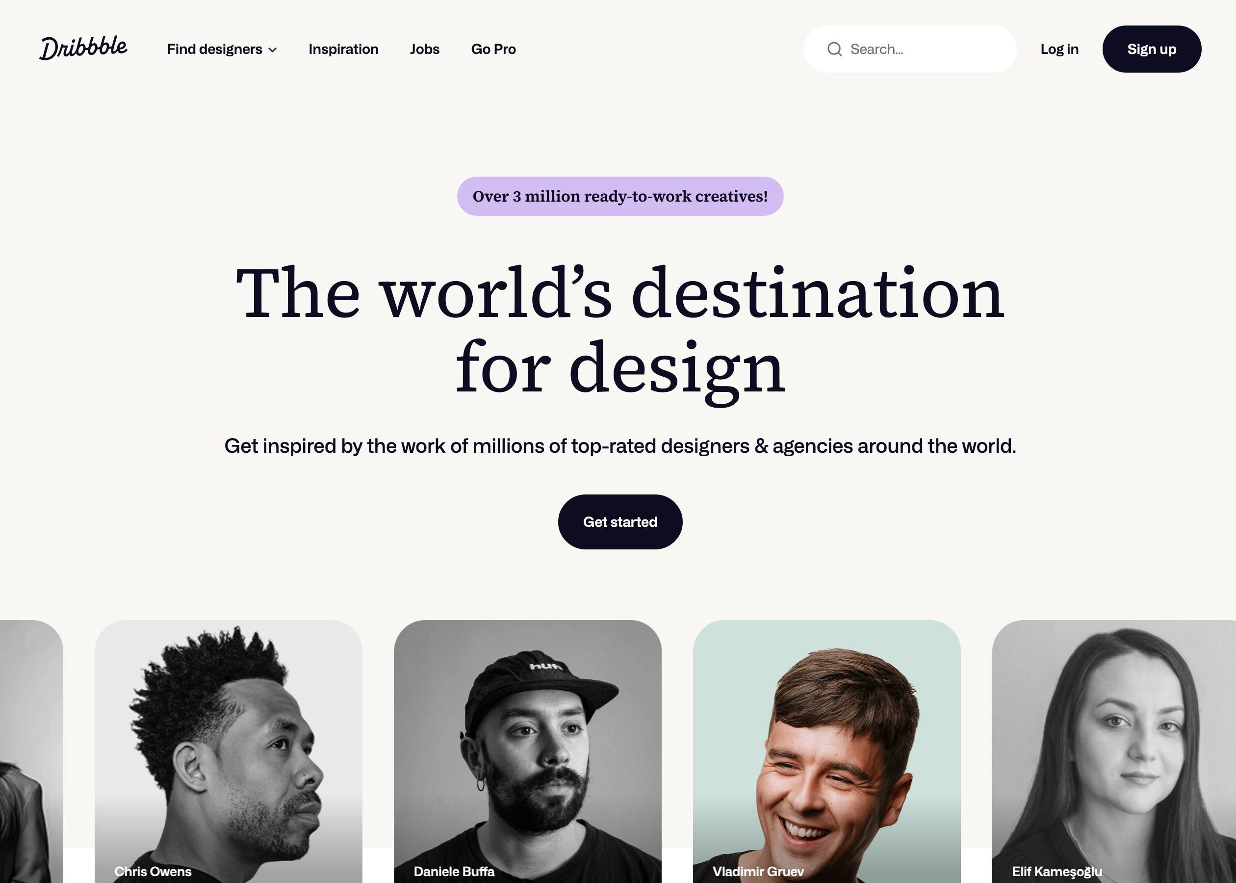 Screenshot of Dribbble hero section of the homepage