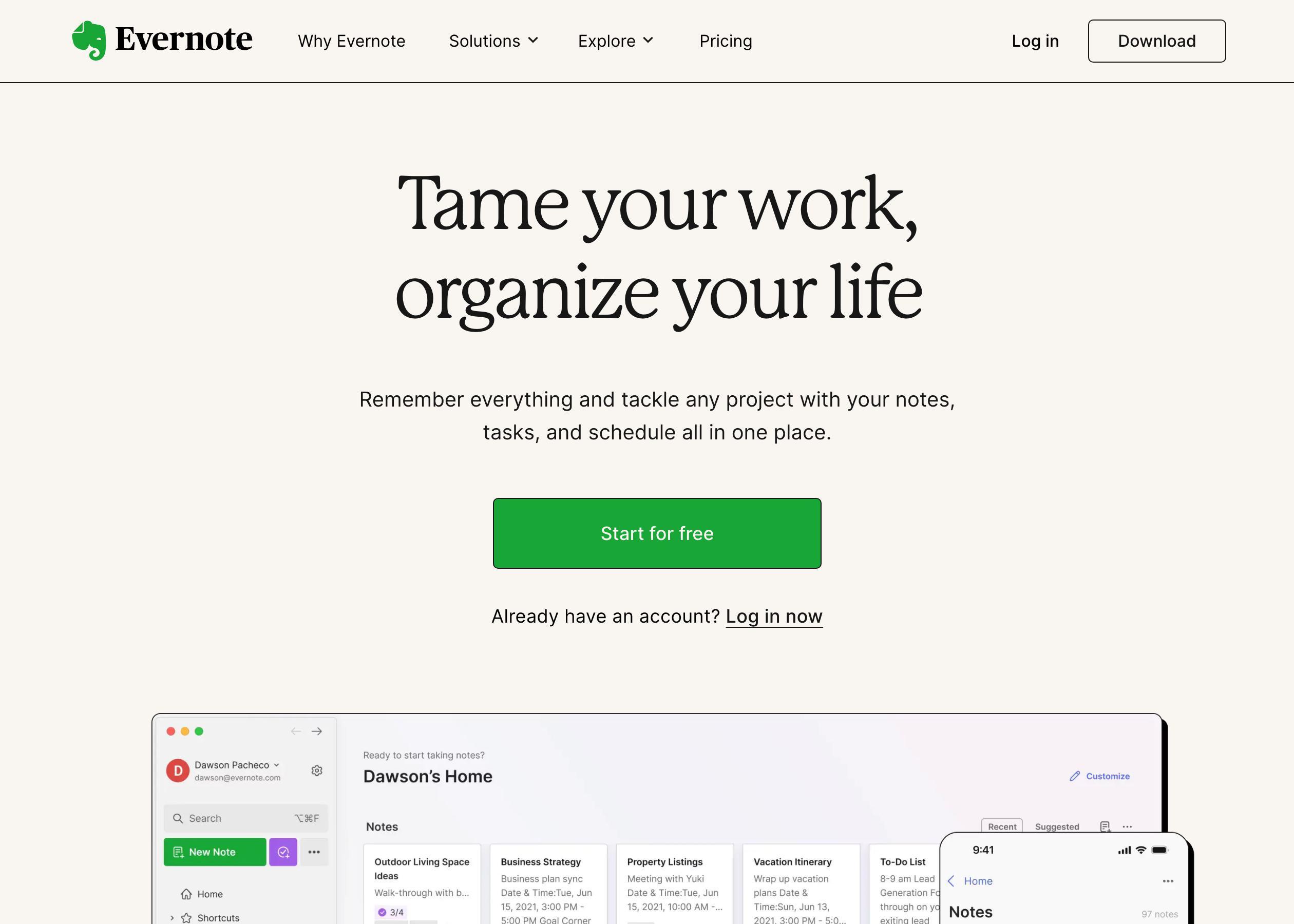 Screenshot of Evernote hero section of the homepage