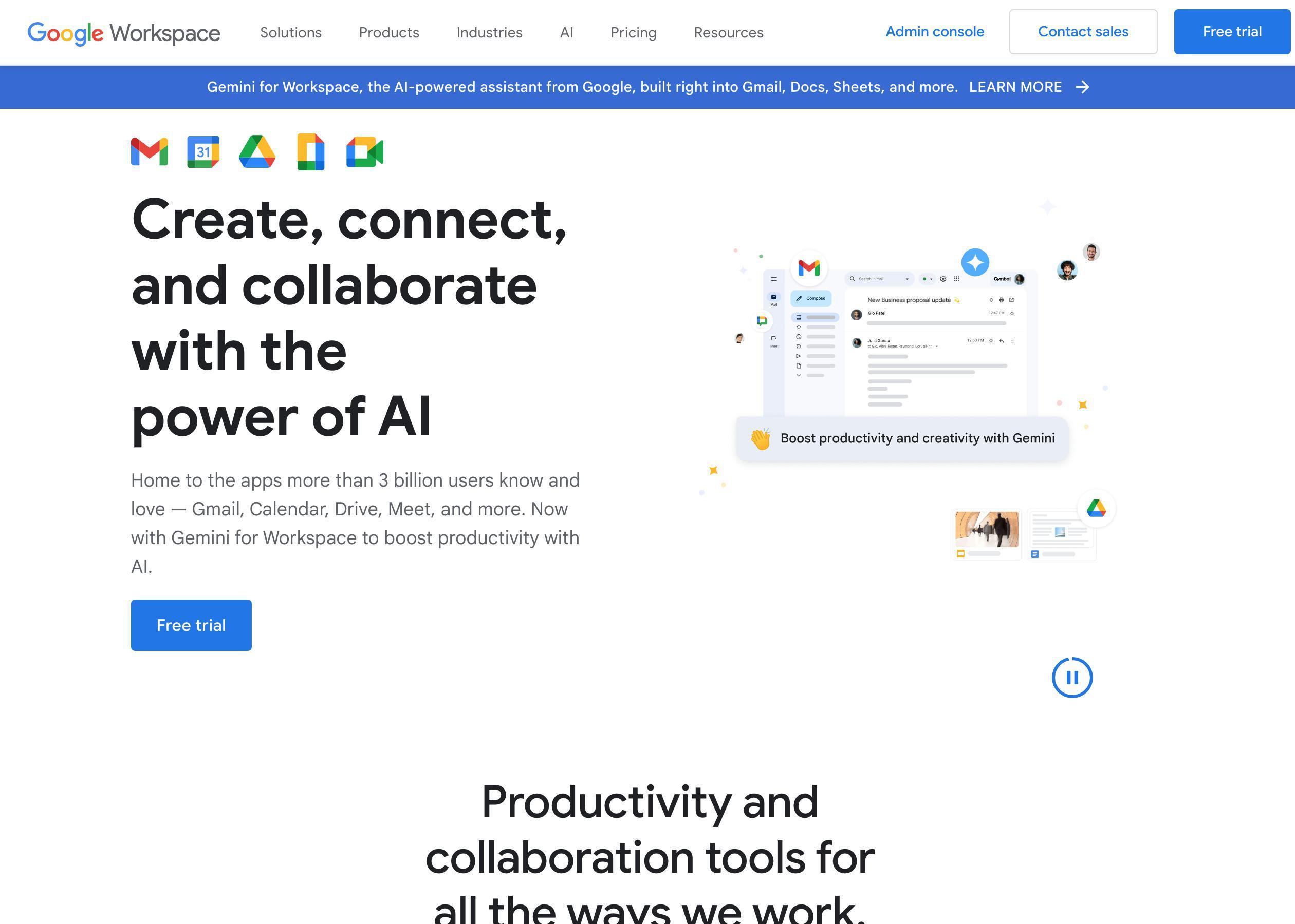 Screenshot of G Suite hero section of the homepage