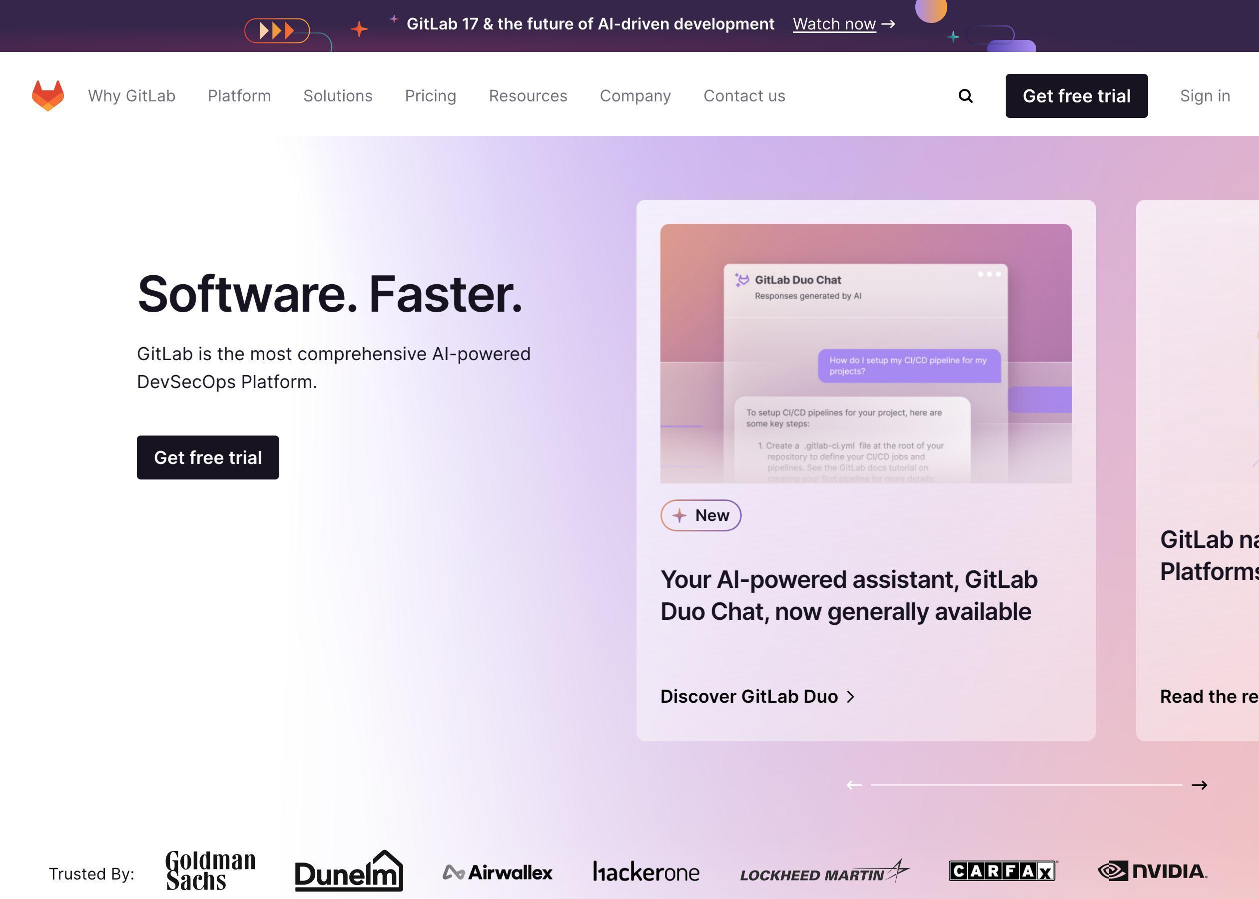 Screenshot of GitLab hero section of the homepage