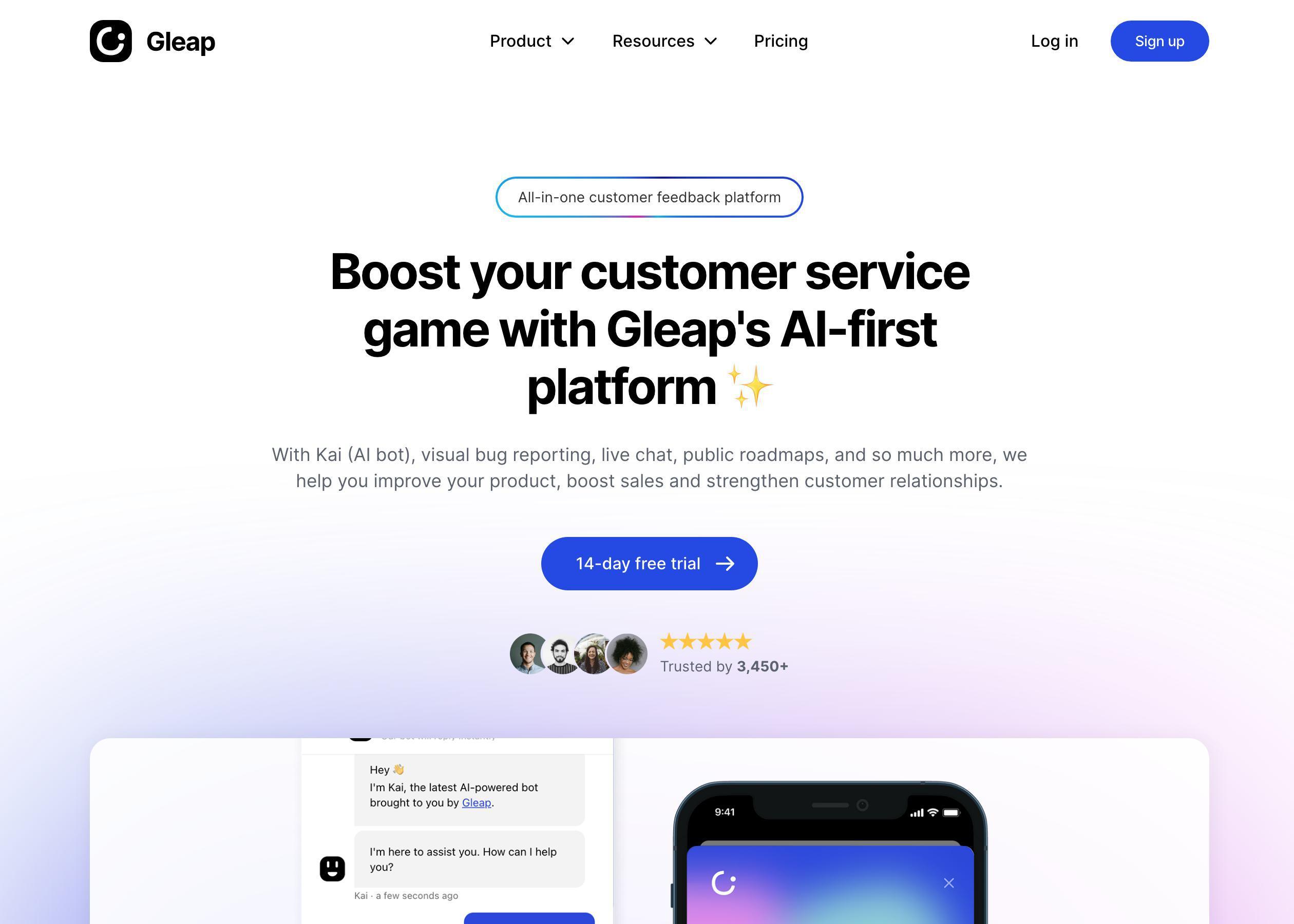 Screenshot of Gleap hero section of the homepage