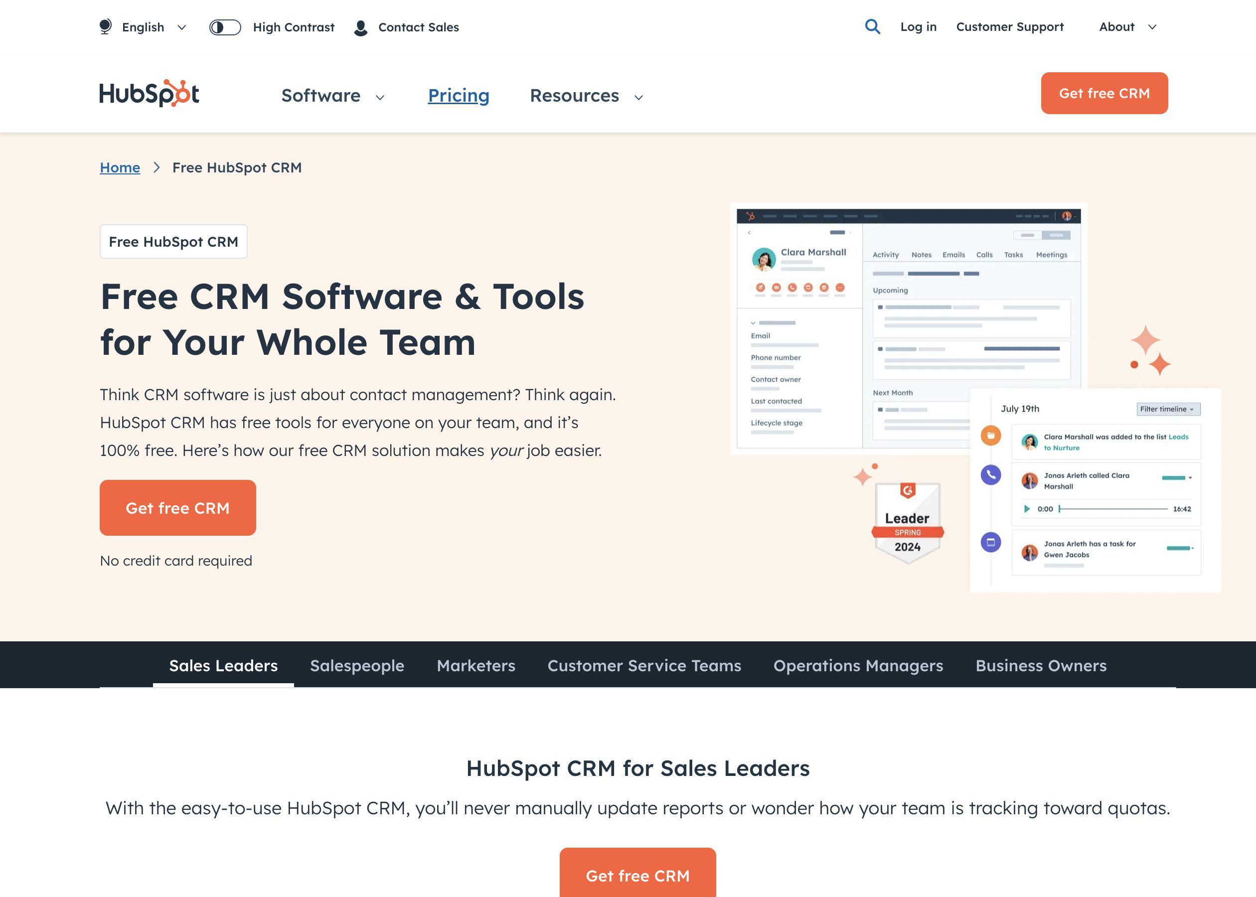 Screenshot of HubSpot CRM hero section of the homepage