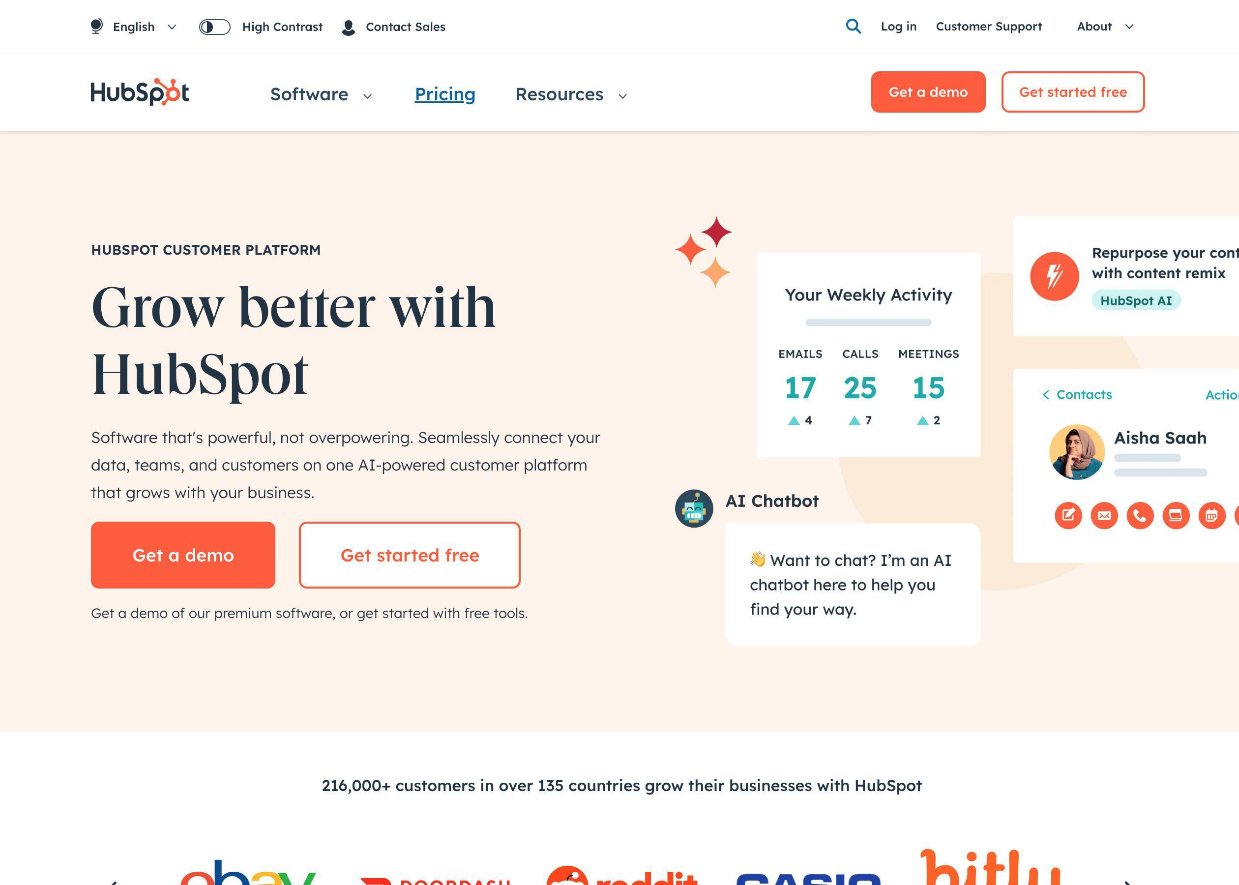 Screenshot of HubSpot hero section of the homepage