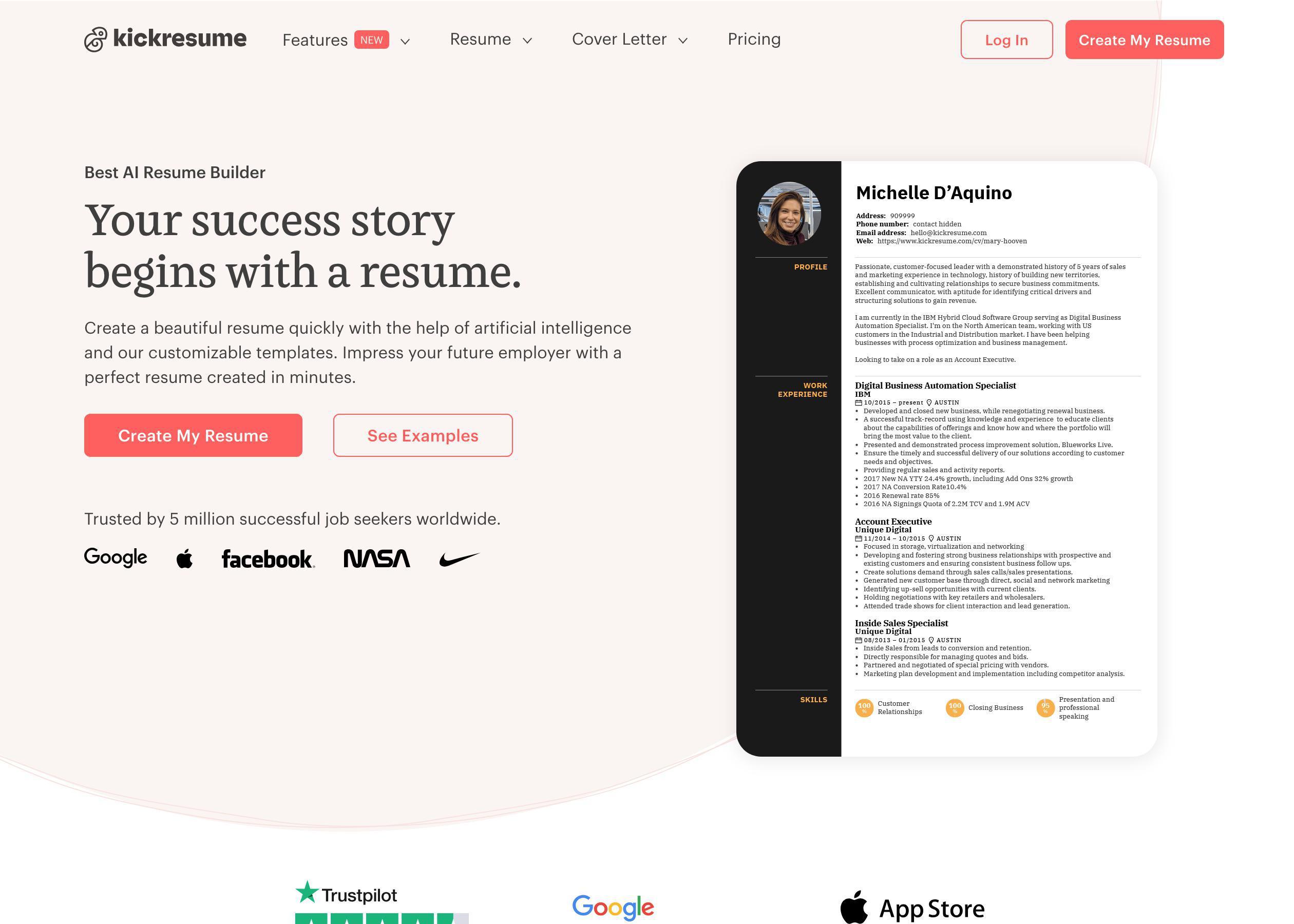 Screenshot of Kickresume hero section of the homepage