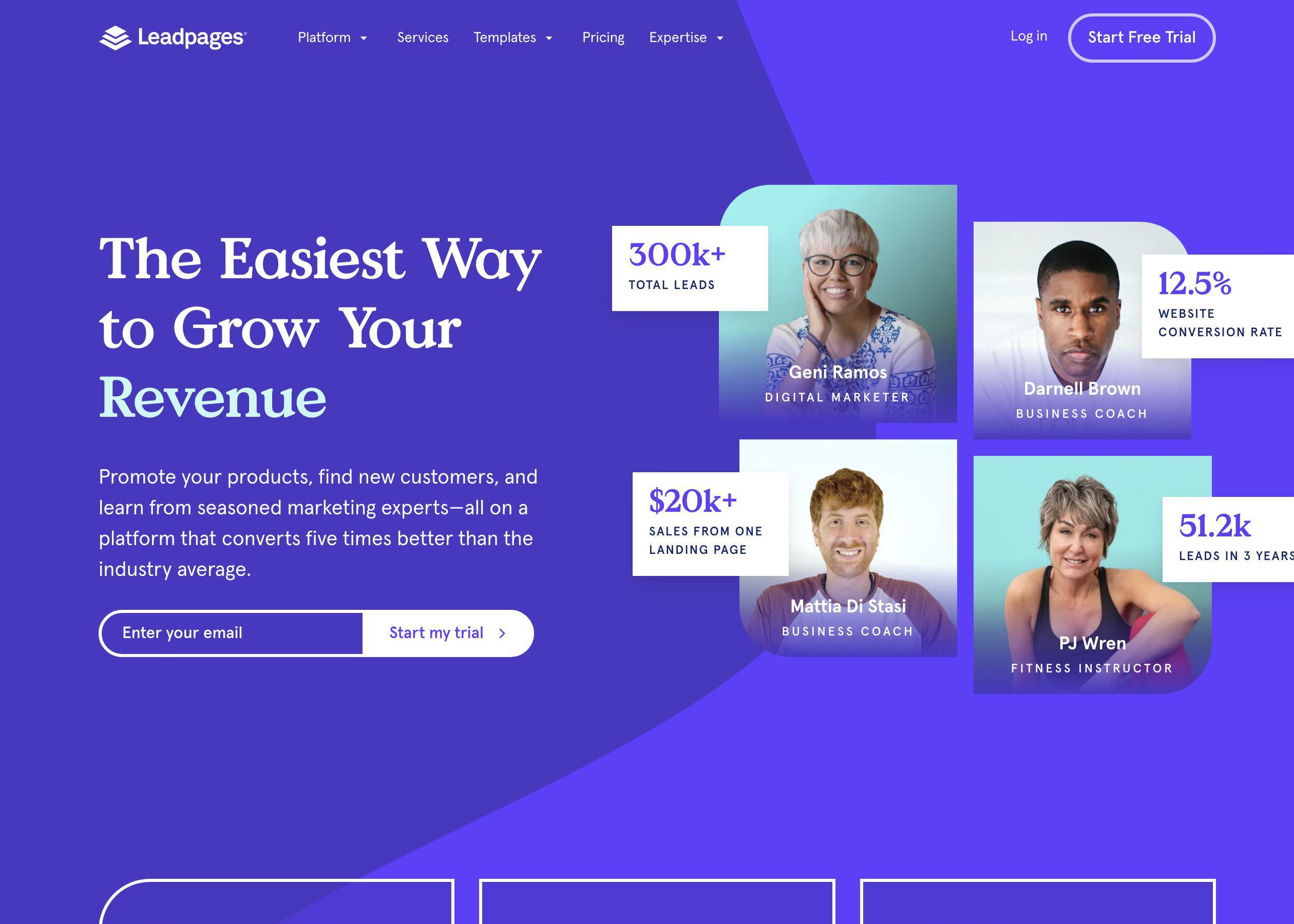 Screenshot of Leadpages hero section of the homepage