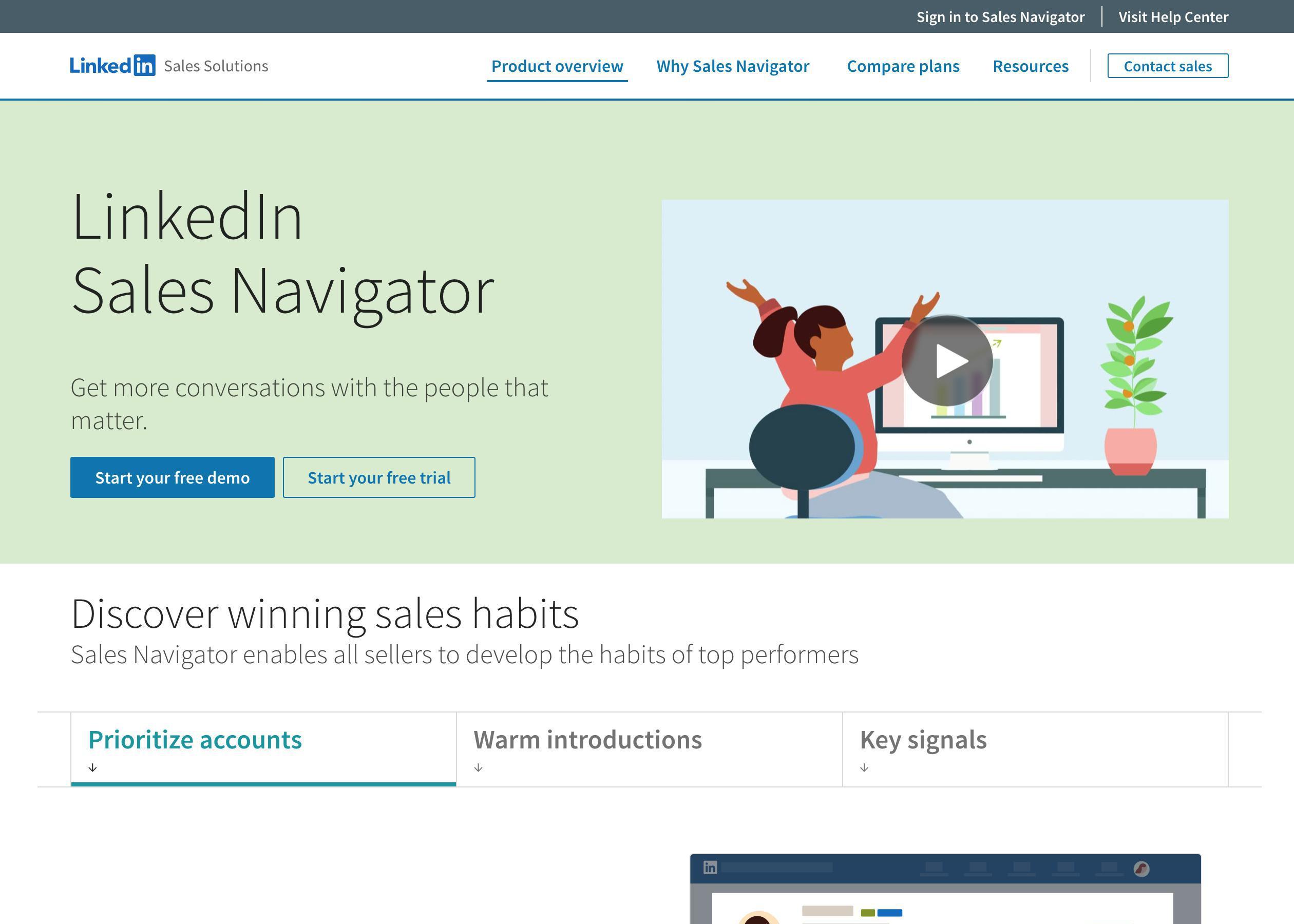 Screenshot of LinkedIn Sales Navigator hero section of the homepage