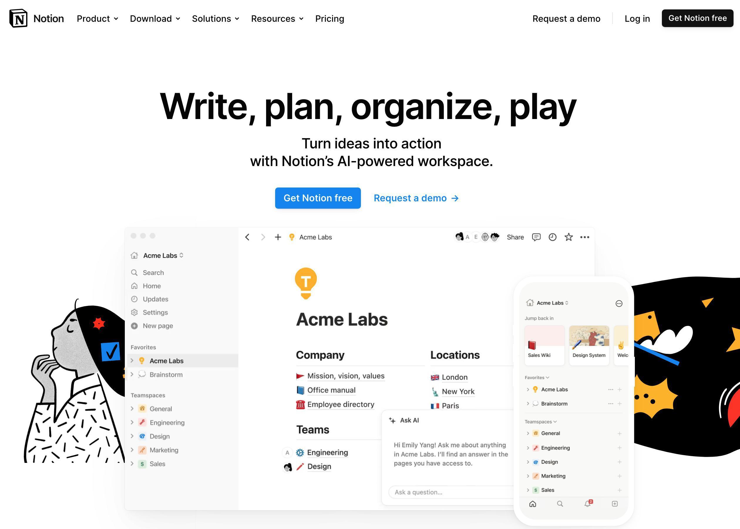 Screenshot of Notion hero section of the homepage