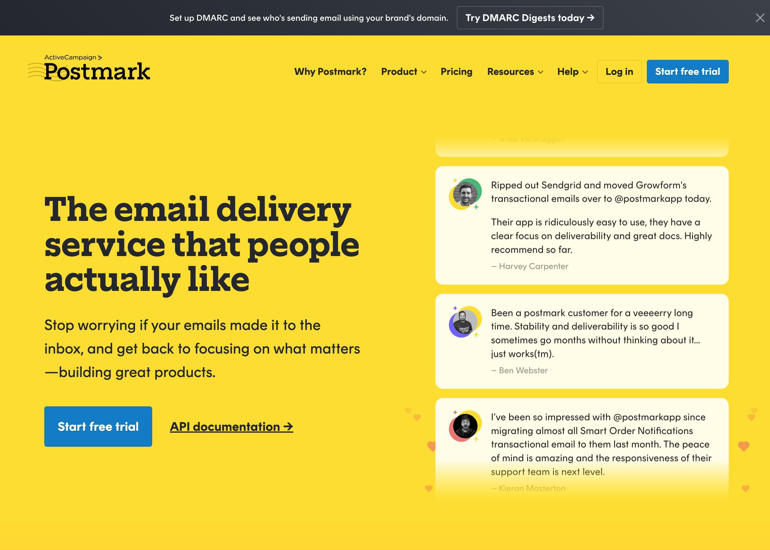 Screenshot of Postmark hero section of the homepage