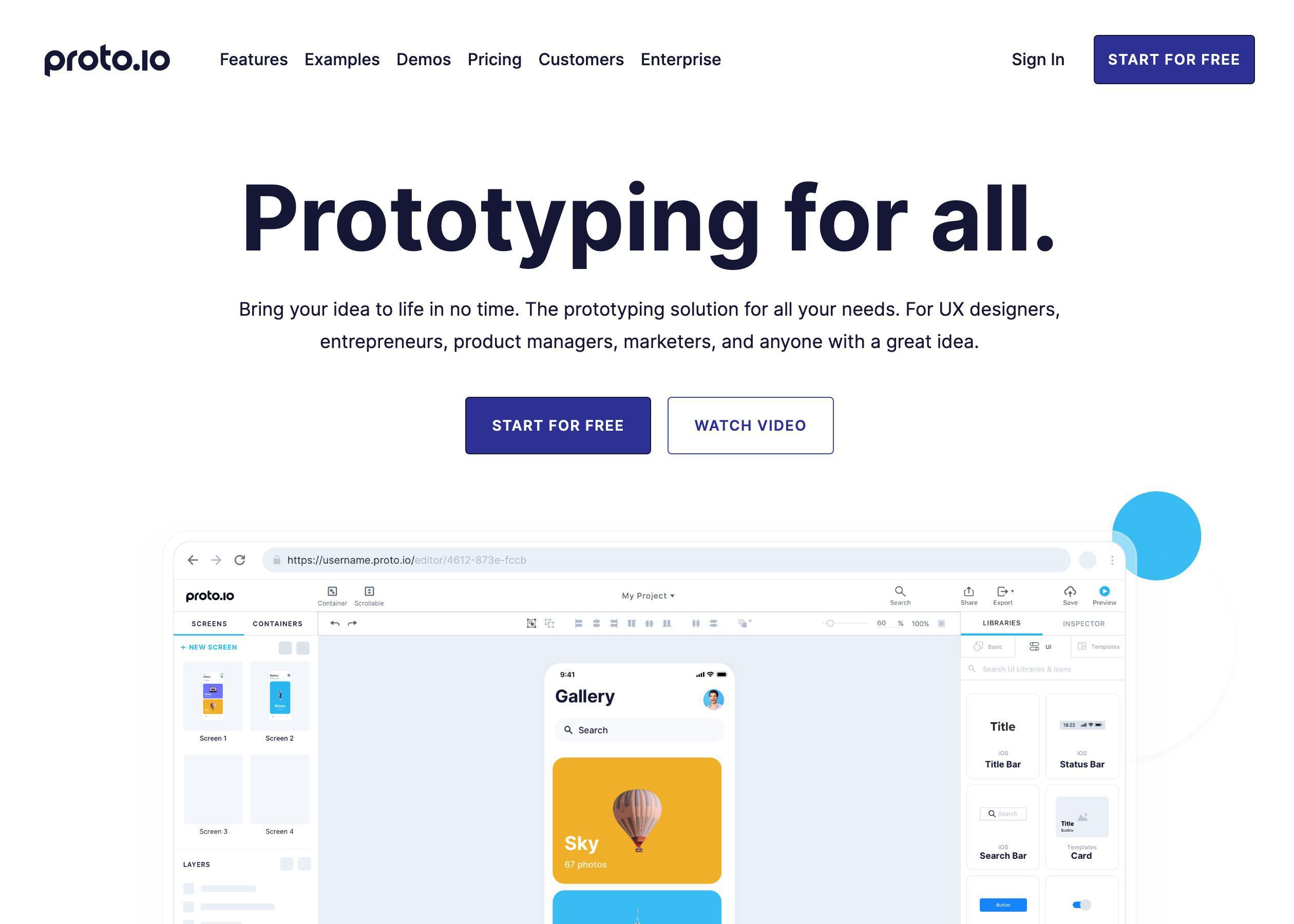 Screenshot of Proto.io hero section of the homepage