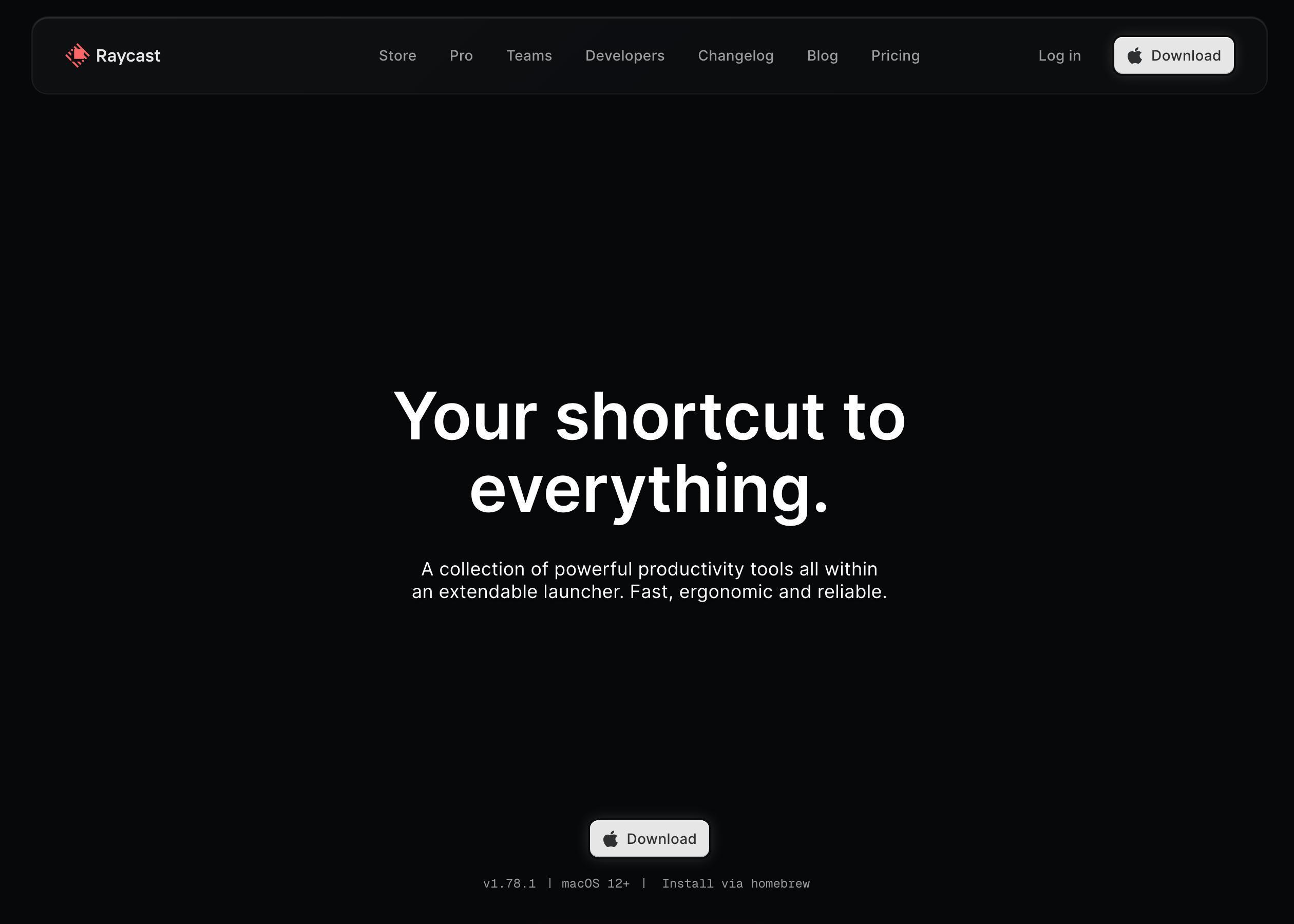 Screenshot of Raycast hero section of the homepage