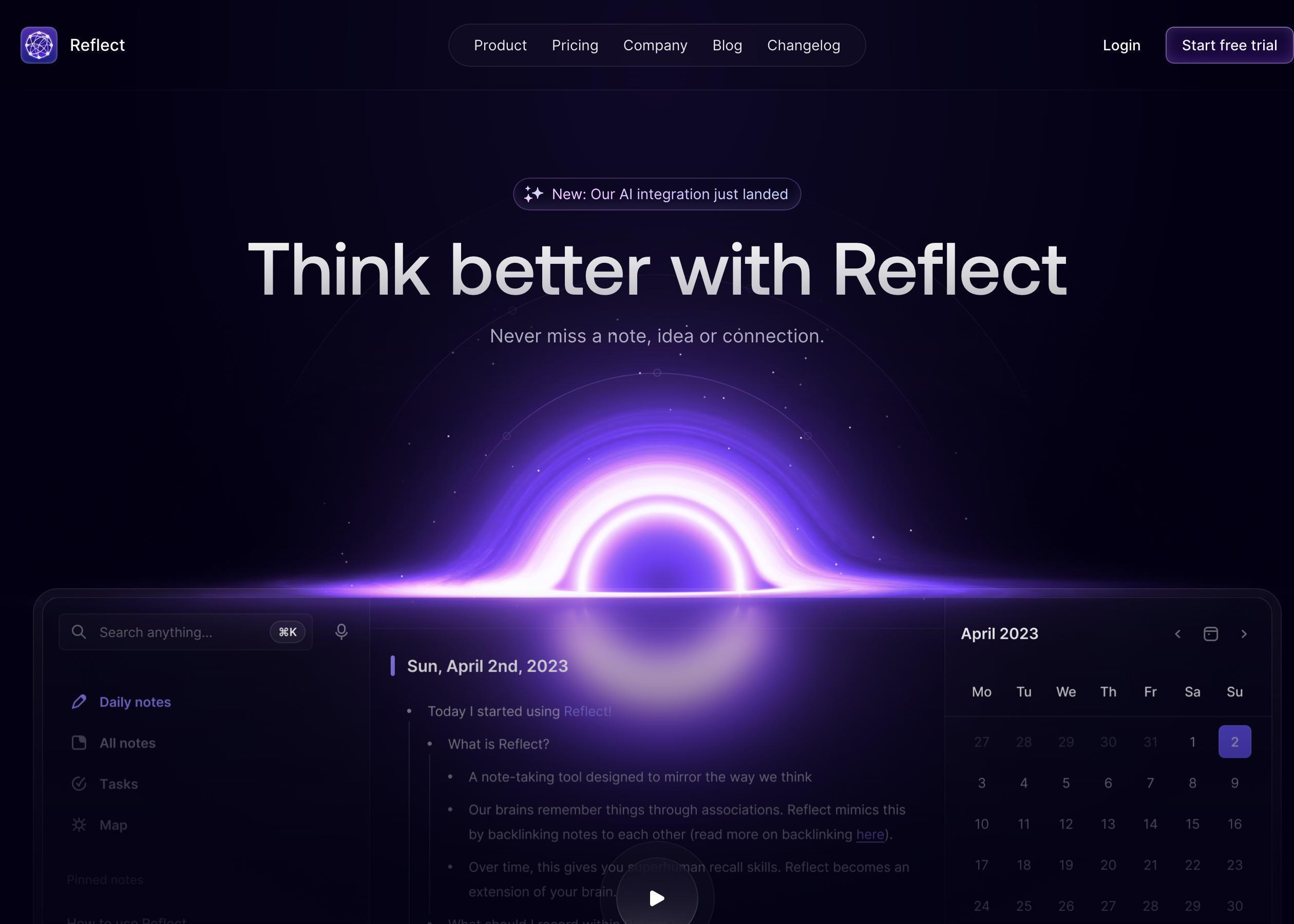 Screenshot of Reflect hero section of the homepage