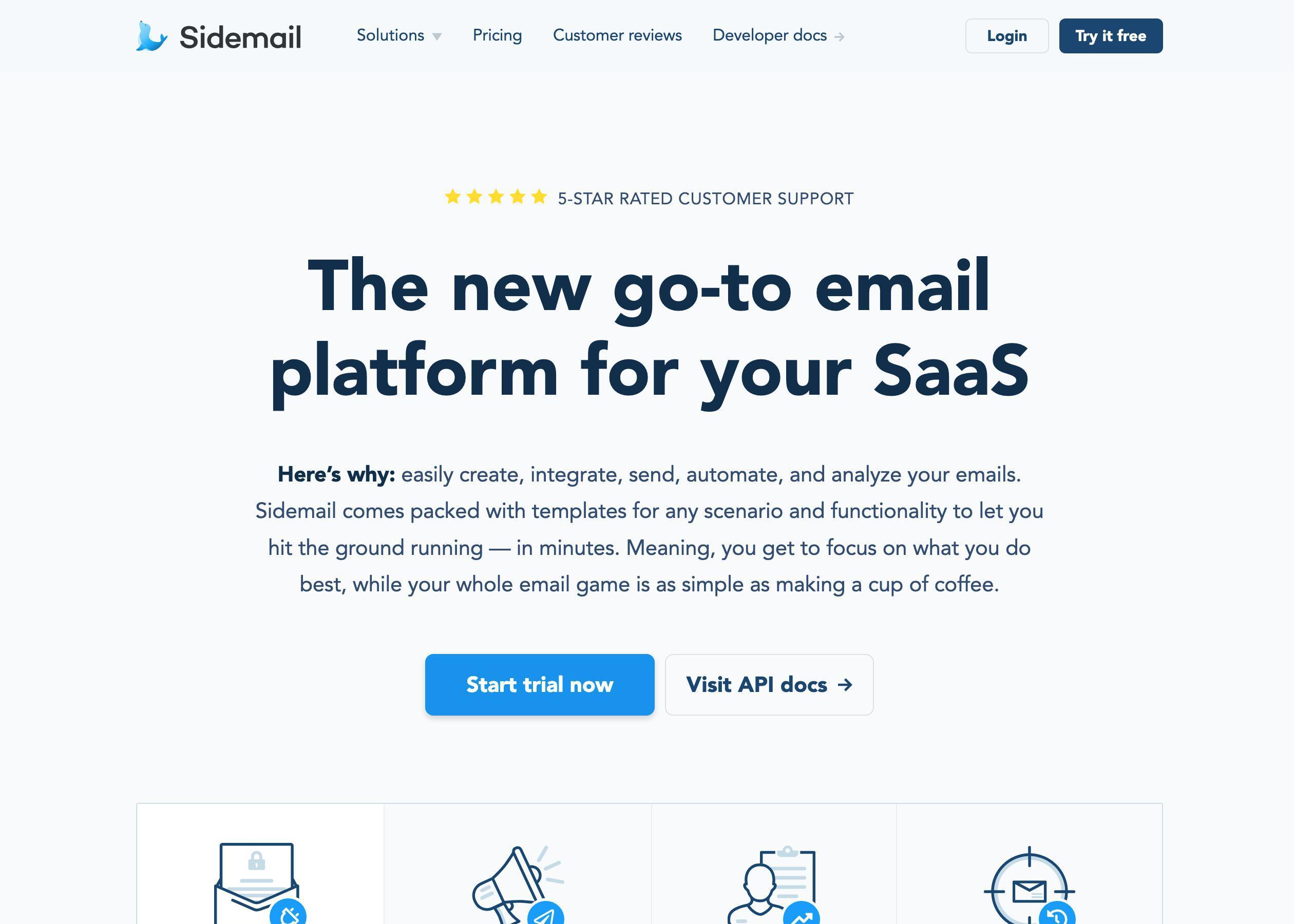 Screenshot of Sidemail hero section of the homepage