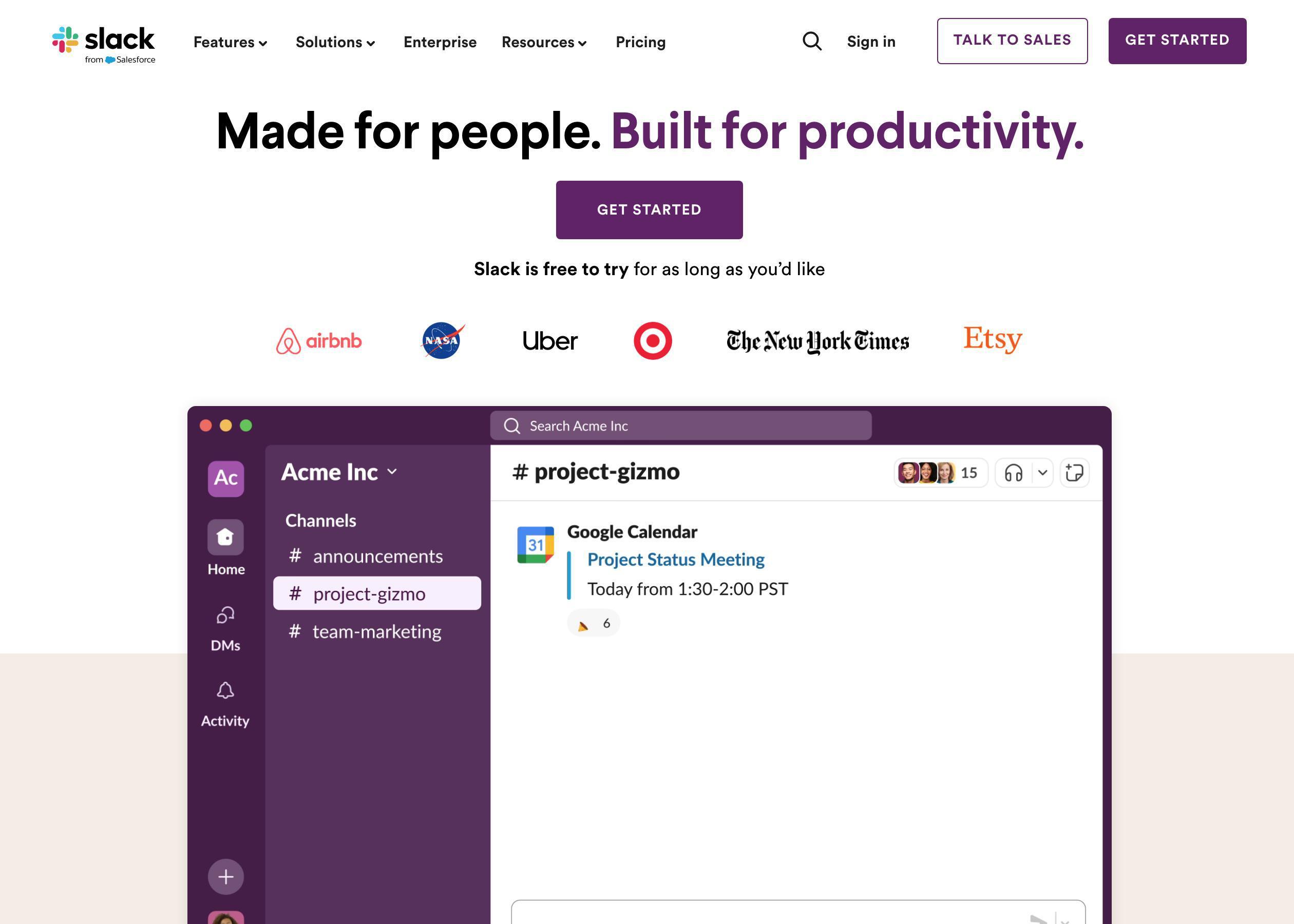 Screenshot of Slack hero section of the homepage