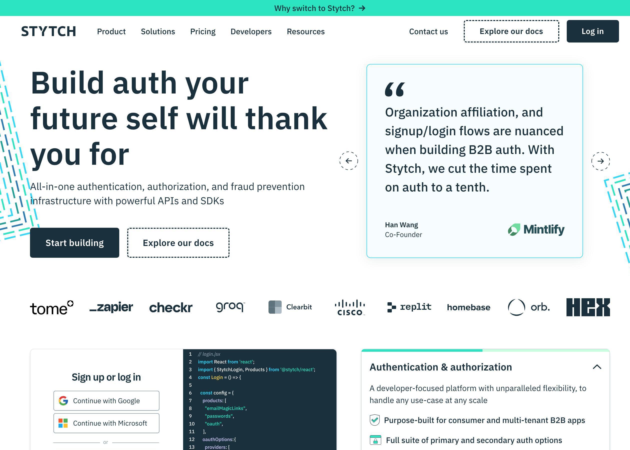 Screenshot of Stytch hero section of the homepage