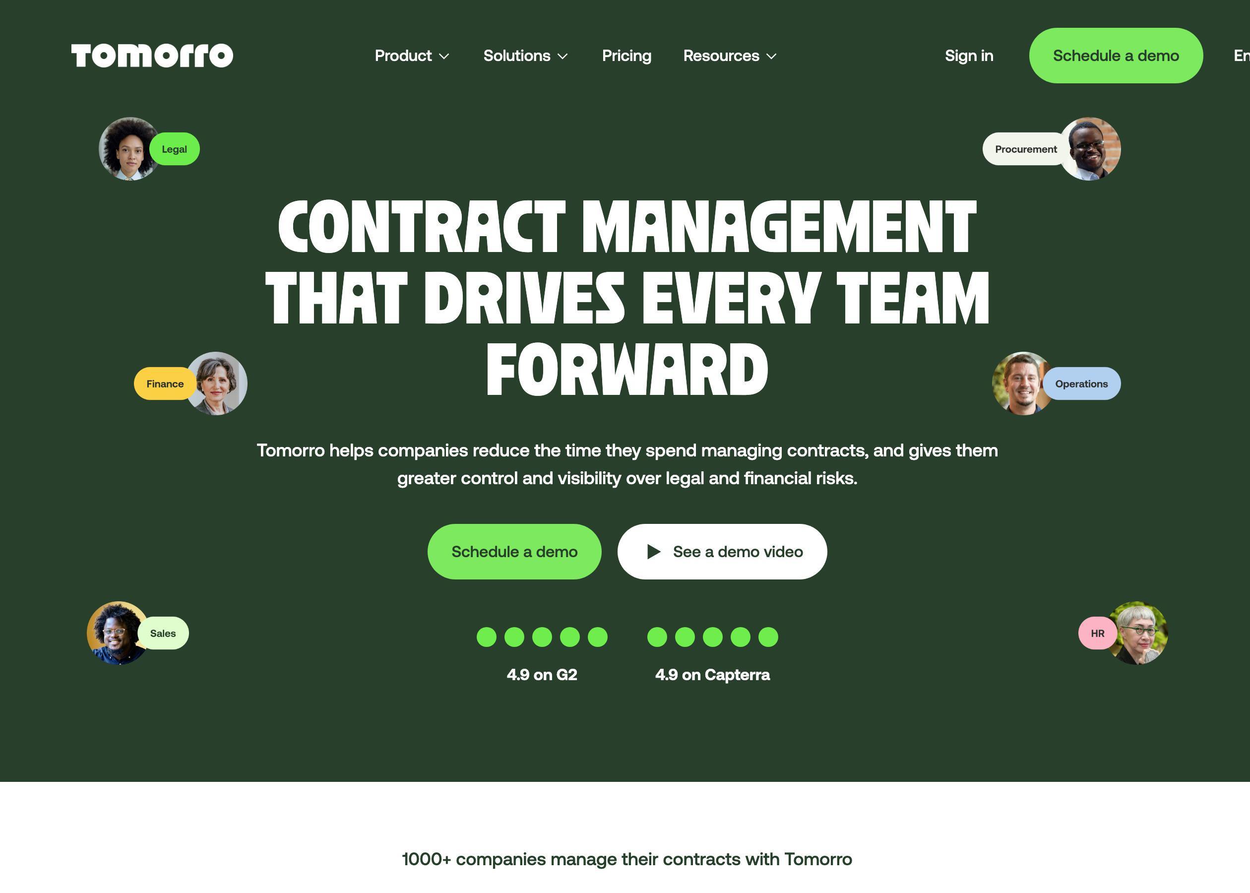 Screenshot of Tomorro hero section of the homepage