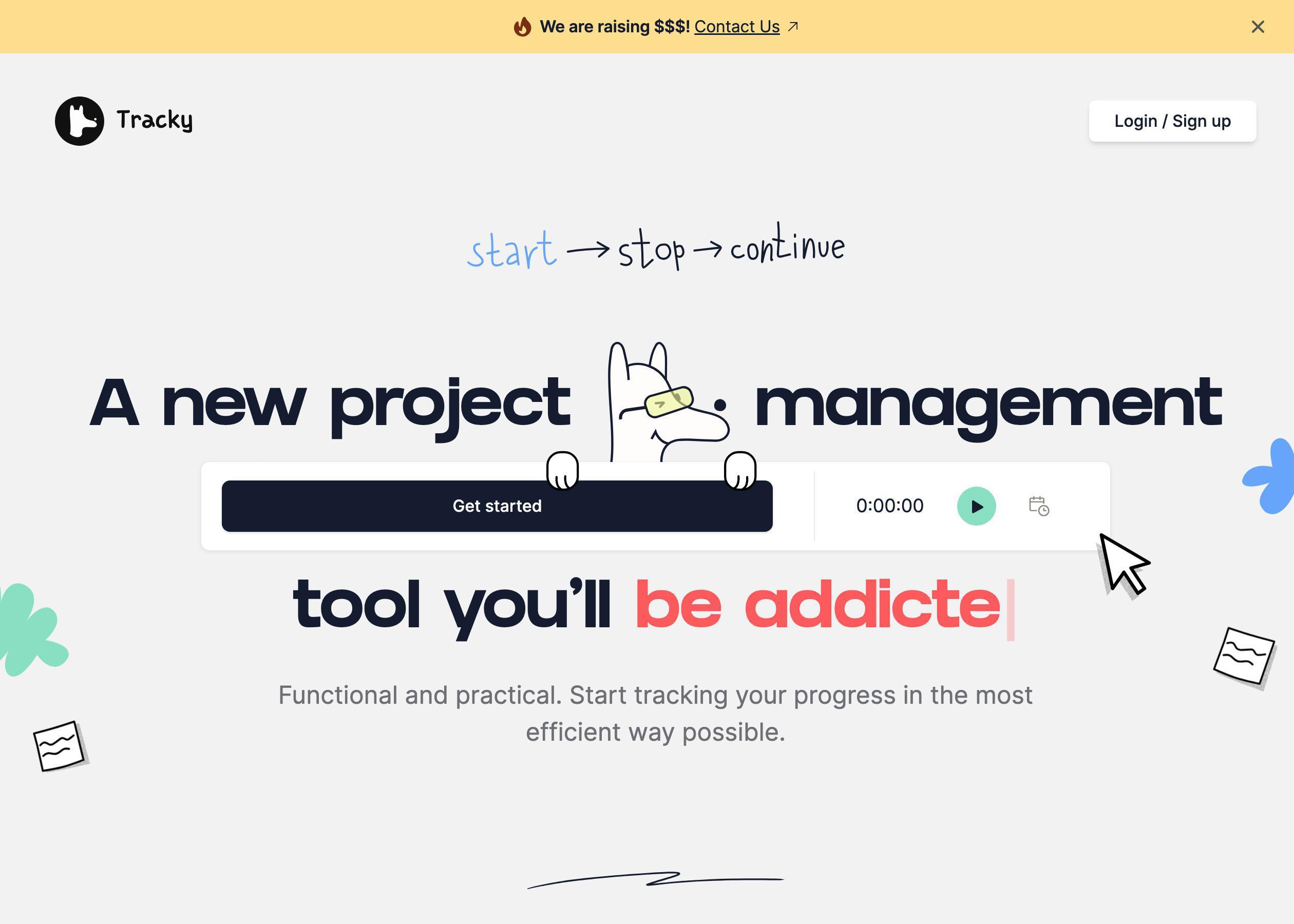 Screenshot of Tracky hero section of the homepage