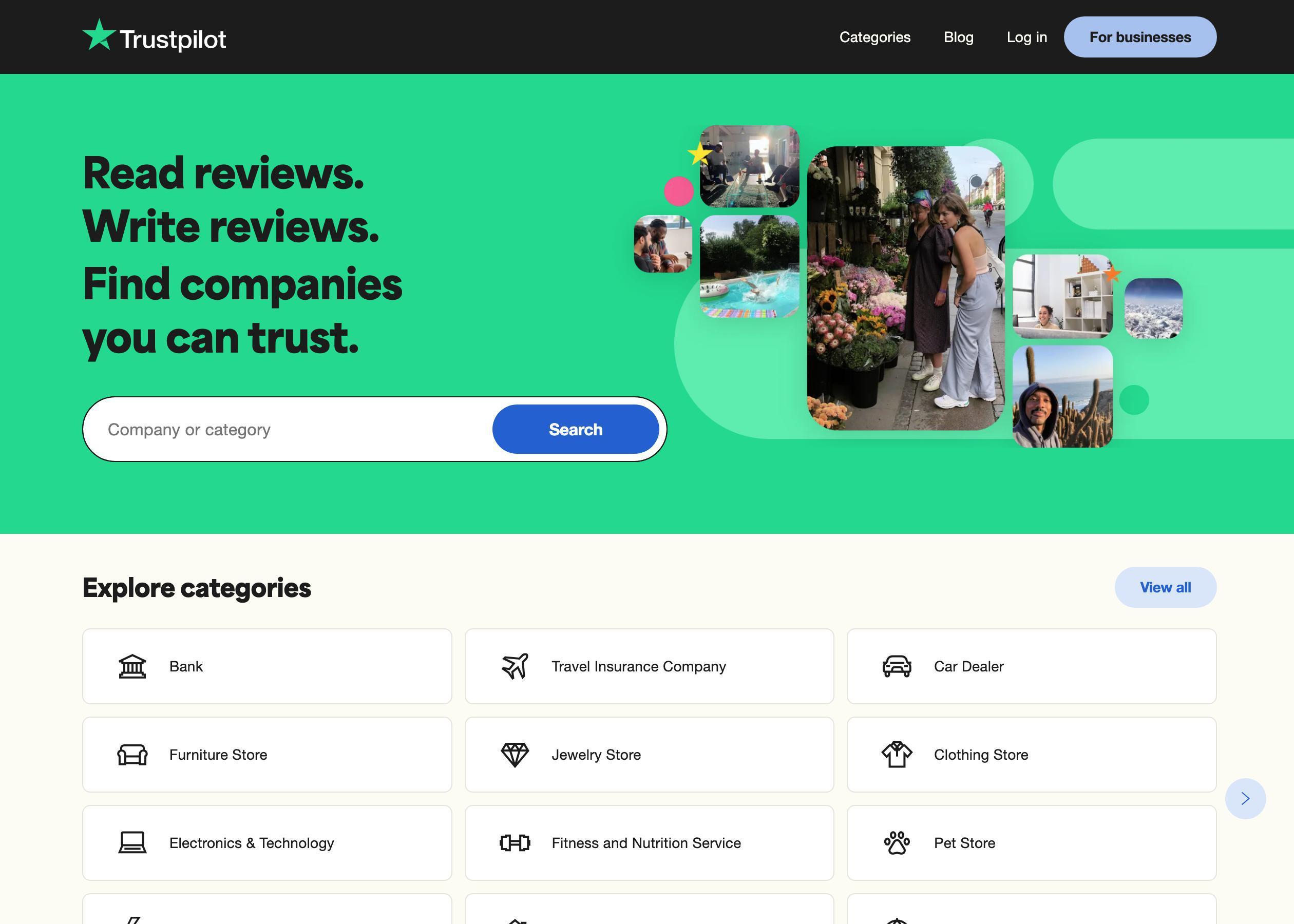 Screenshot of Trustpilot hero section of the homepage