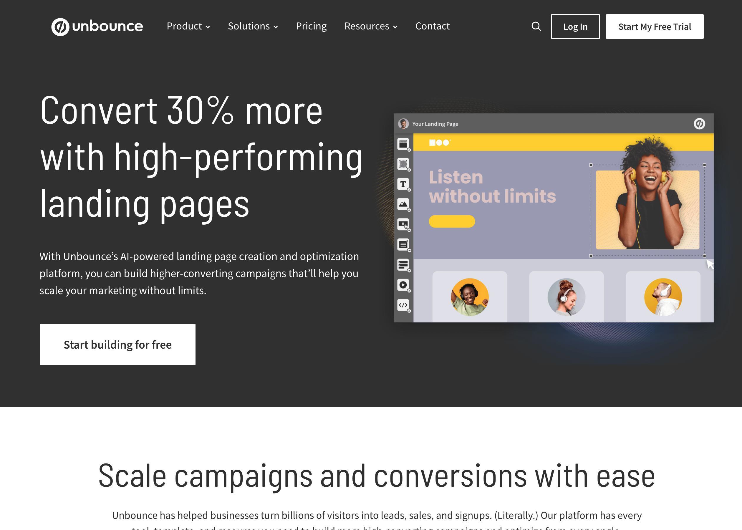 Screenshot of Unbounce hero section of the homepage