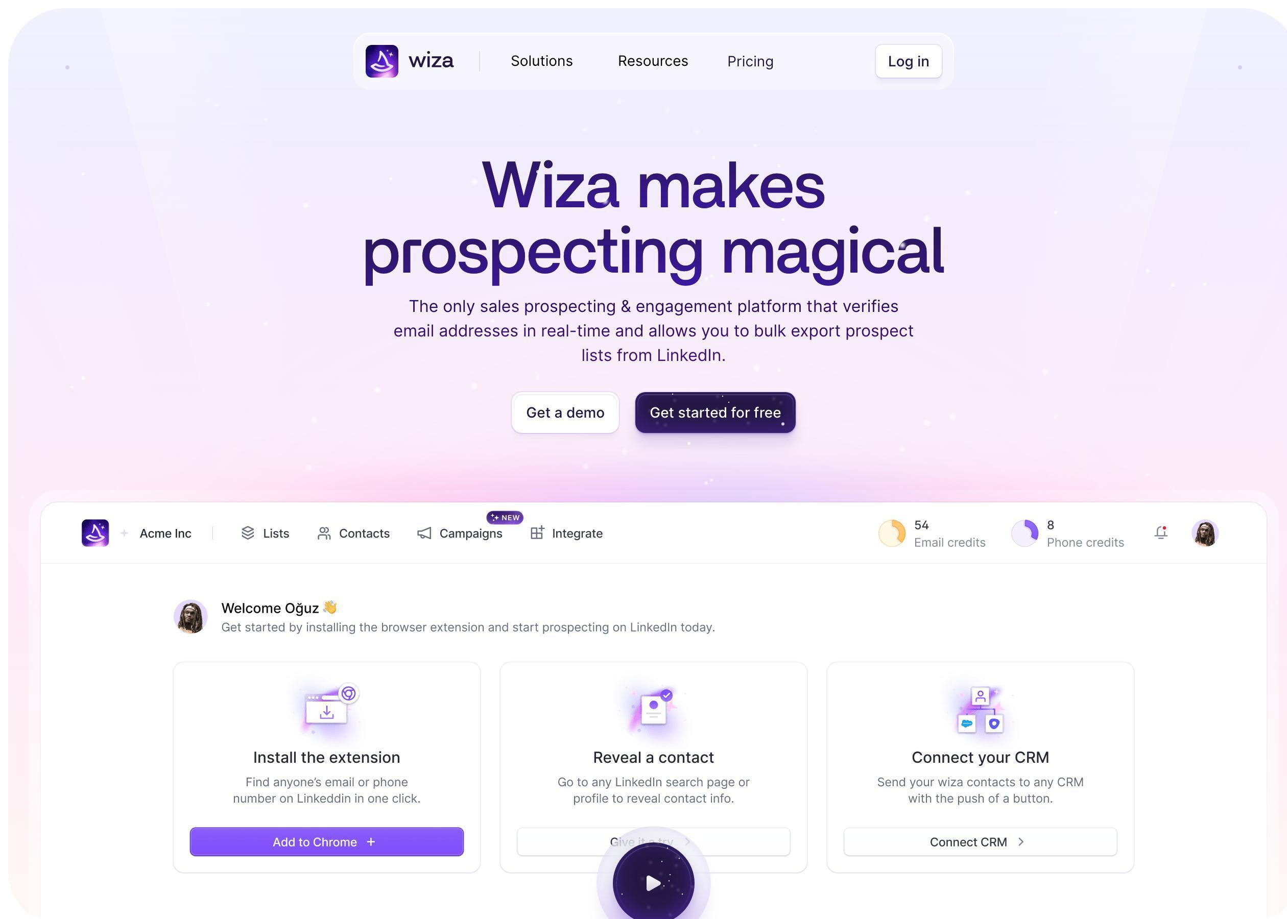 Screenshot of Wiza hero section of the homepage