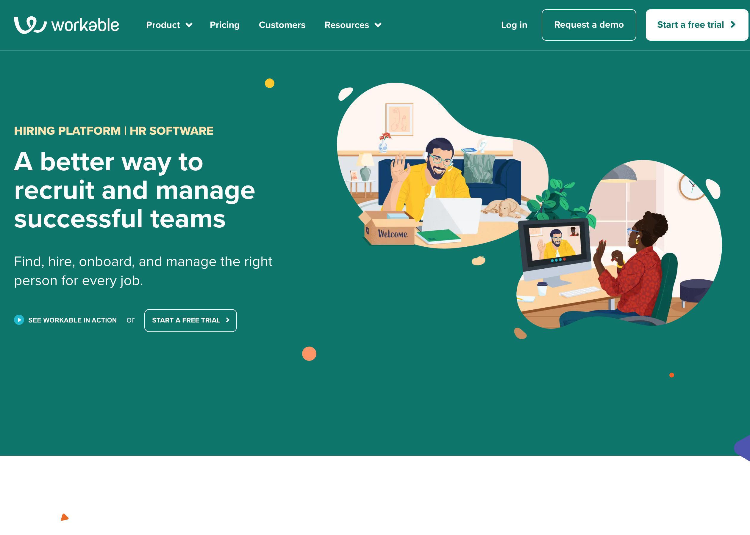 Screenshot of Workable hero section of the homepage