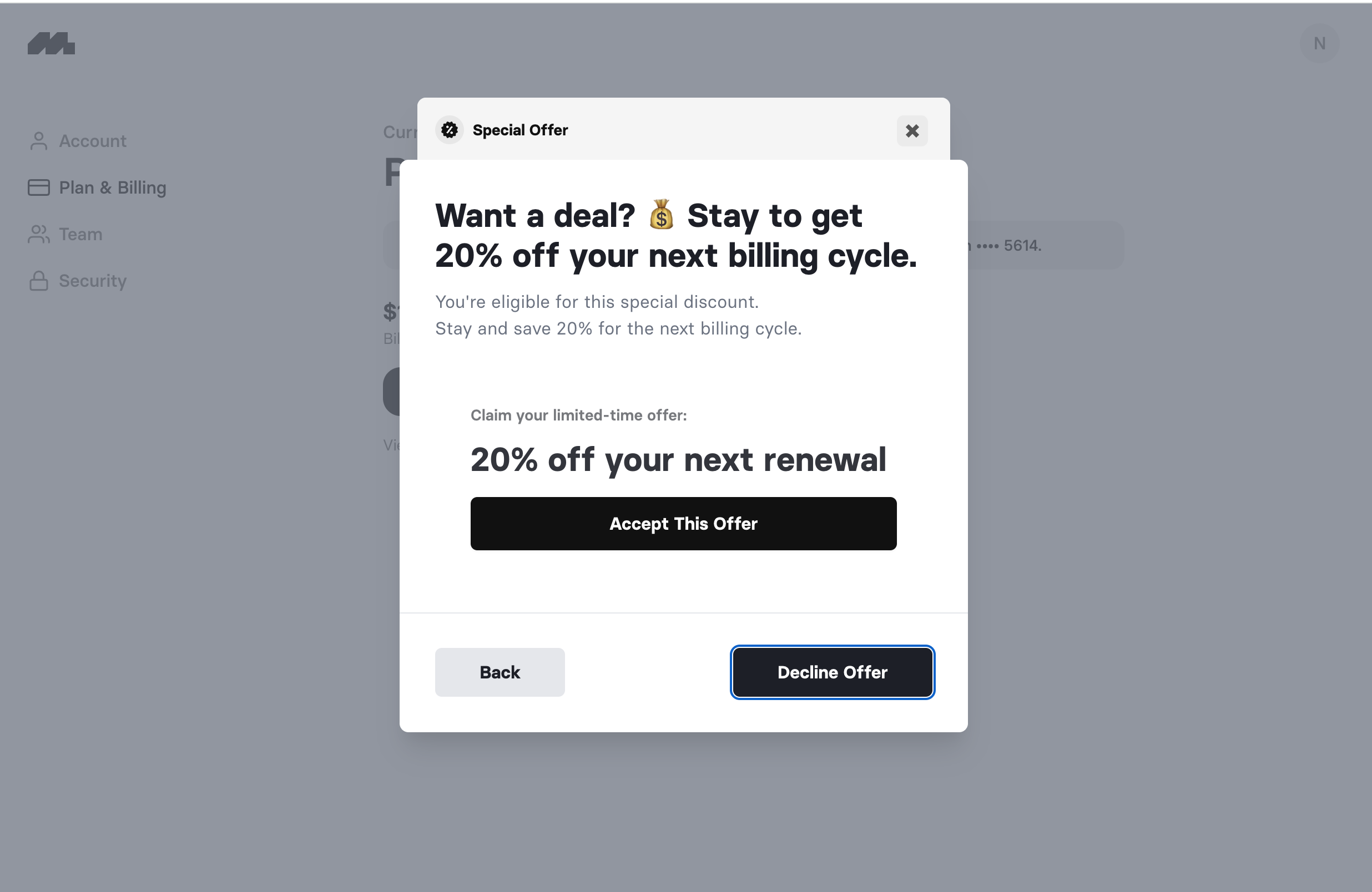 image of the retain flow explaining how to Reduce churn by offering a discount to stay subscribed