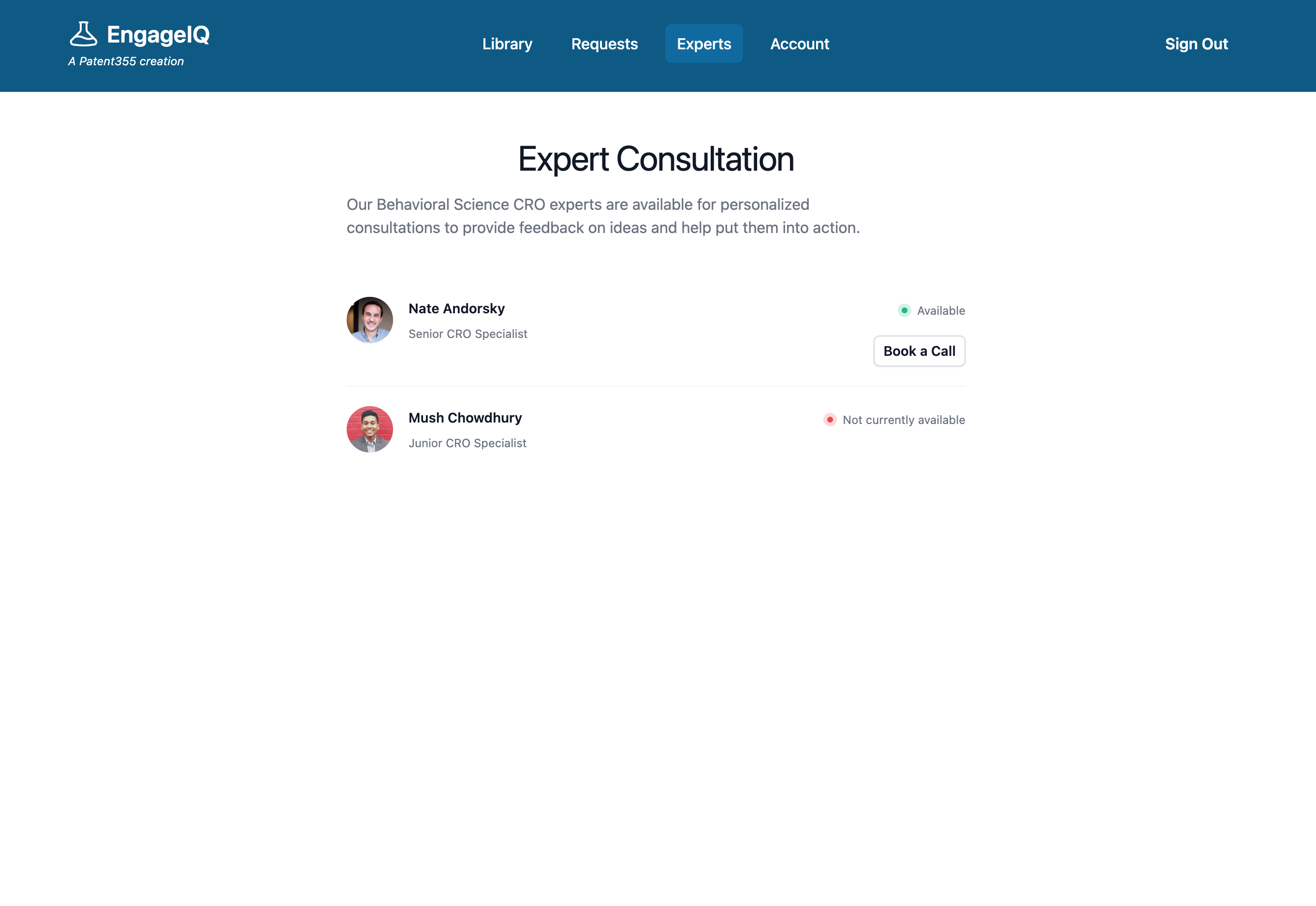 Screenshot of the experts available in the platform